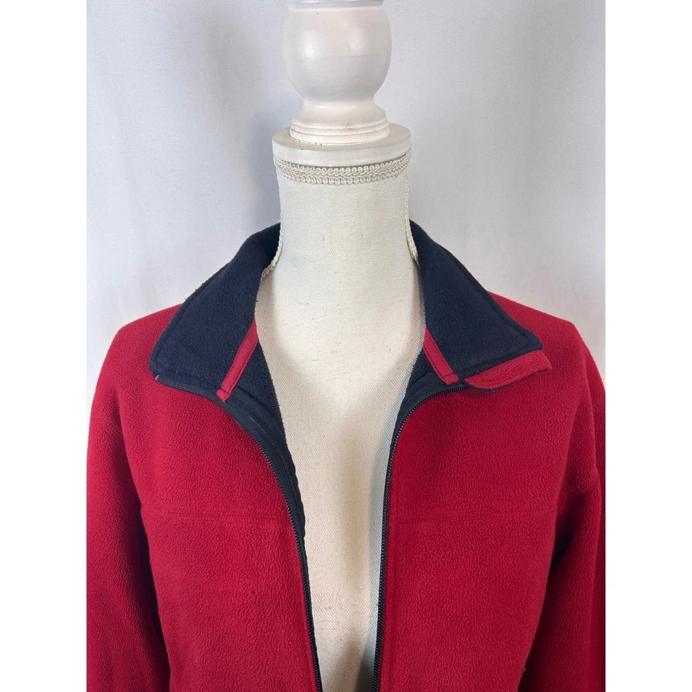 Lands End Womens Red Fleece Full Zip Jacket Navy‎ Blue Neck Outdoor Layering S